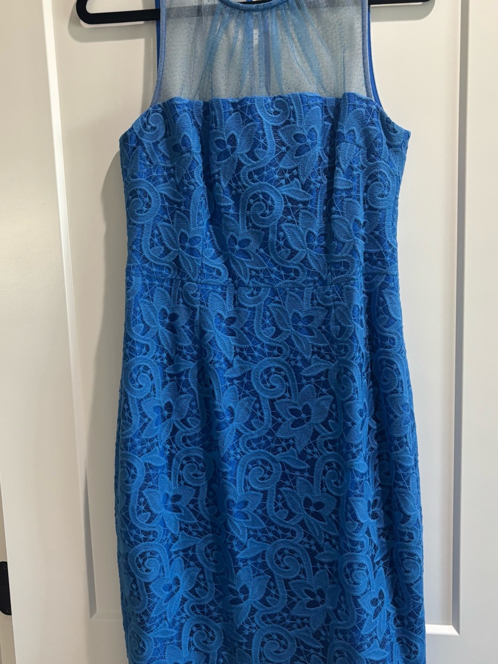 Maggy London Royal Blue Lace Midi Dress with Sheer Yoke